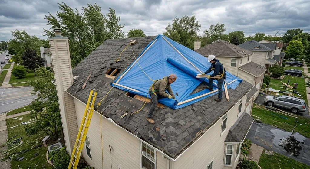 Roofing crew installing a blue emergency tarp on a storm-damaged roof