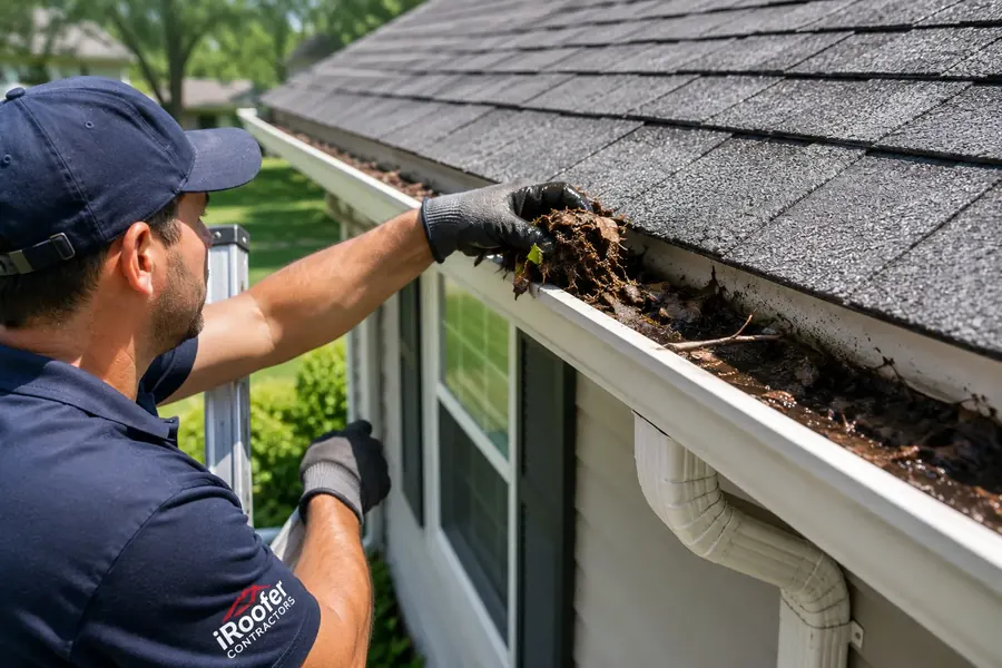 Clearing leaves and debris from an overflowing gutter