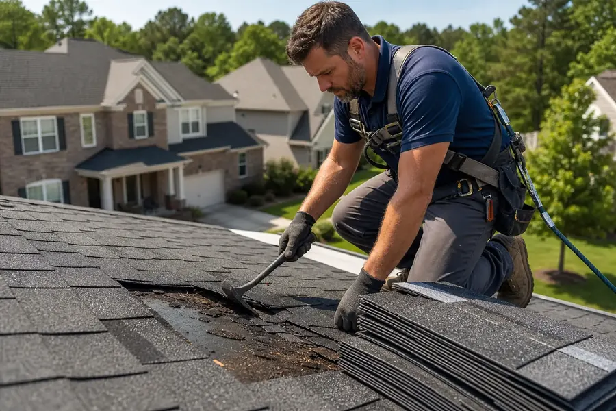 Before photo: storm-damaged roof on a Dallas, GA two-story home